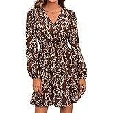 MakeMeChic Women's Long Sleeve Floral Short Dress Wrap V Neck Elastic Waist Casual Dresses