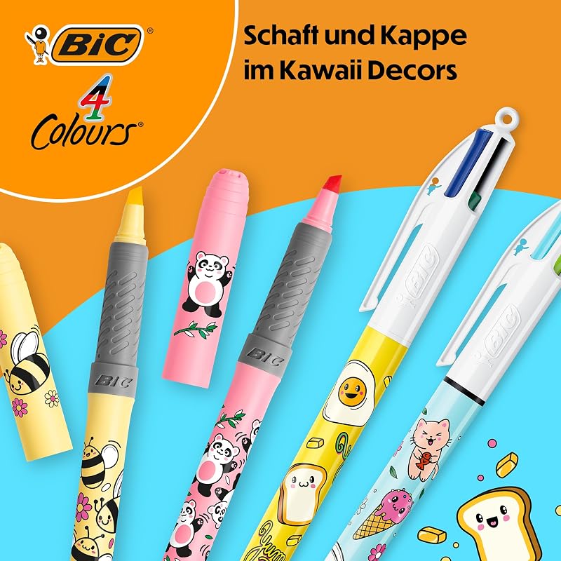 4 Colours Decors Kawaii-Reihe Druck-Kugelschreiber mit mittlerer Spitze (1,0 mm) in lustigen Titenfarben + BIC Highlighter Grip Decors mit Keilspitze – verschiedene Kawaii-Designs, Packung à 2+2