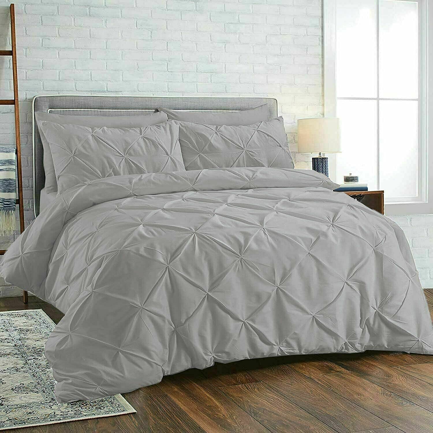 Pinch Diamond Pleated Pintuck Duvet Cover Set 100% Cotton Quilt Covers Bedding Bed Sets Single Double Super King with Pillow Cases (Silver, Super King)