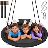 SereneLife Saucer Swing, Tree Swing, 40 Inch, 900lb Heavy Duty Capacity for Kids, 900D Oxford Waterproof Seat, Adjustable Height Ropes, 2 Strap Tree Hang Kit, Center Swivel Spinner, Black