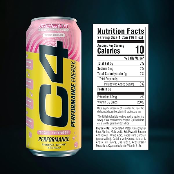 CELLUCOR C4 PERFORMANCE ENERGY DRINK | STRAWBERRY BLAST | ZERO SUGAR CARBONATED PREWORKOUT ENERGY | 200MG CAFFEINE WITH BETA ALANINE | 16 FL OZ (12 PACK)