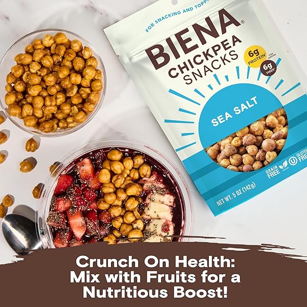 BIENA CHICKPEA SNACKS – CRUNCHY ROASTED CHICKPEAS – HIGH FIBER VEGAN PROTEIN SNACKS FOR ADULTS AND KIDS – 4-PACK, 5 OUNCE BAGS – SEA SALT