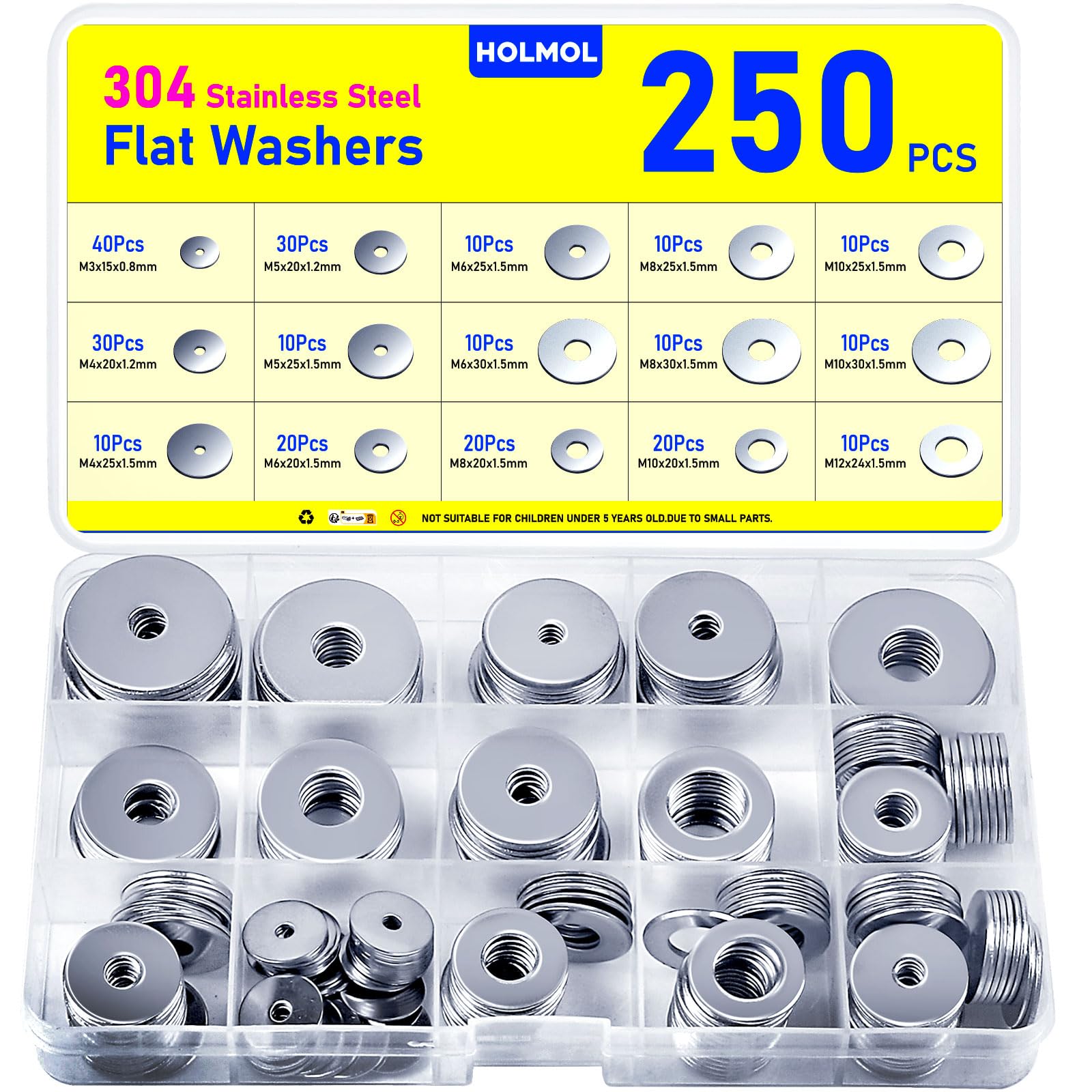 Washers 250 PCS, HOLMOL Flat Penny Washers, Stainless Steel Washer for Screws & Bolts with 15 Sizes M3 M4 M5 M6 M8 M10 M12, Flat Metal Washer Assorted