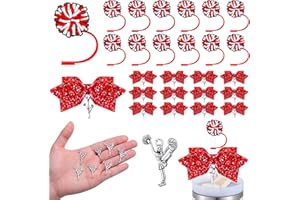 RimCereal 36 Pcs Red Cheerleading Tumbler Accessories, 12 Pcs 10 mm Straw Cover Straw Toppers, 12 Glitter Bows and 12 Cheerleaders Pendants Charms for Tumblers Decor Cheerleading Gifts