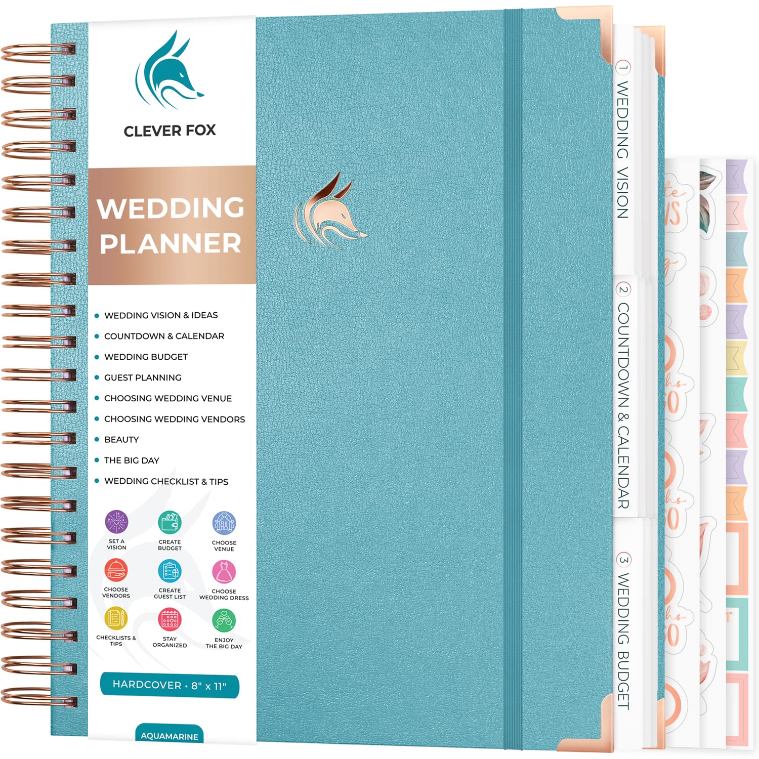 Clever Fox Wedding Planner – Notebook Organizer for Bride – Wedding Planning Binder Book with Pockets – Engagements Gift, 25.5x28cm (Aquamarine)