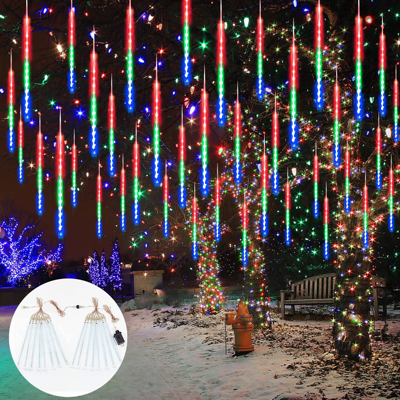 Photo 1 of 2-Pack Total 384LED Meteor Shower Lights Christmas Decorations String Lights 30cm 16 Tubes Outdoor Indoor Falling Rain Lights Connectable for Xmas Tree Roof Wedding Party Garden Decor (Multi-Colored)