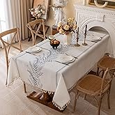 Joyfol Day Rustic Waterproof Linen Tablecloth, Heavy Weight Fern Embroidery Table Cloths for Square Tables, Farmhouse Spill-Proof Table Covers with Tassels, Blue 55''x 55''