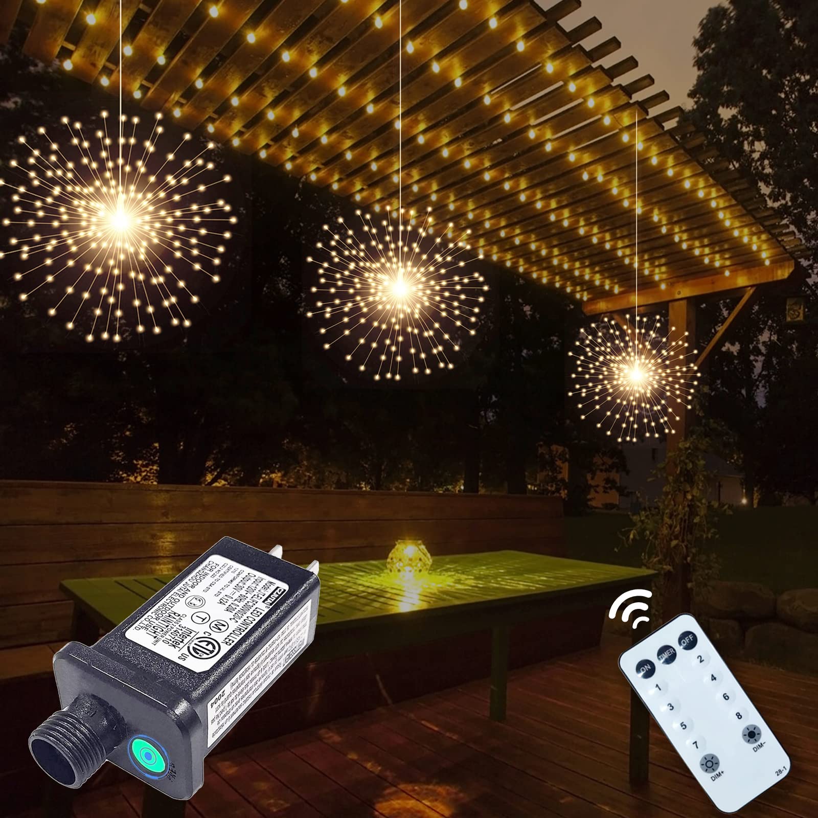 Photo 1 of PXBNIUYA 3 Pack 600 LED Plug-in Starburst Lights, Firework Lights 8 Modes Dimmable Remote Control Waterproof Hanging Fairy Light, Copper Wire Lights for Patio Party Tent Christmas (Warm White)