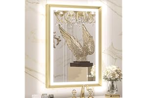TETOTE Gold LED Bathroom Mirror with Lights 24x36 Frontlit & Backlit Vanity Framed Mirror Baroque Anti Fog Stepless Dimmable White/Warm/Natural,CRI90+,Waterproof,Wall Mounted(Horizontal/Vertical)