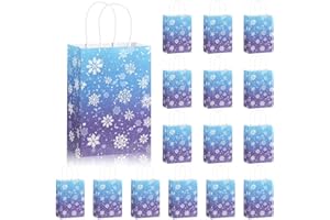 Gersoniel 16 Pcs Winter Snowflake Gift Bags, Blue and Purple Snowflake Goodie Bags Bulk, Holiday Kraft Paper Party Favor Bag with Handles for Birthday Christmas Winter Wonderland Baby Shower Supplies