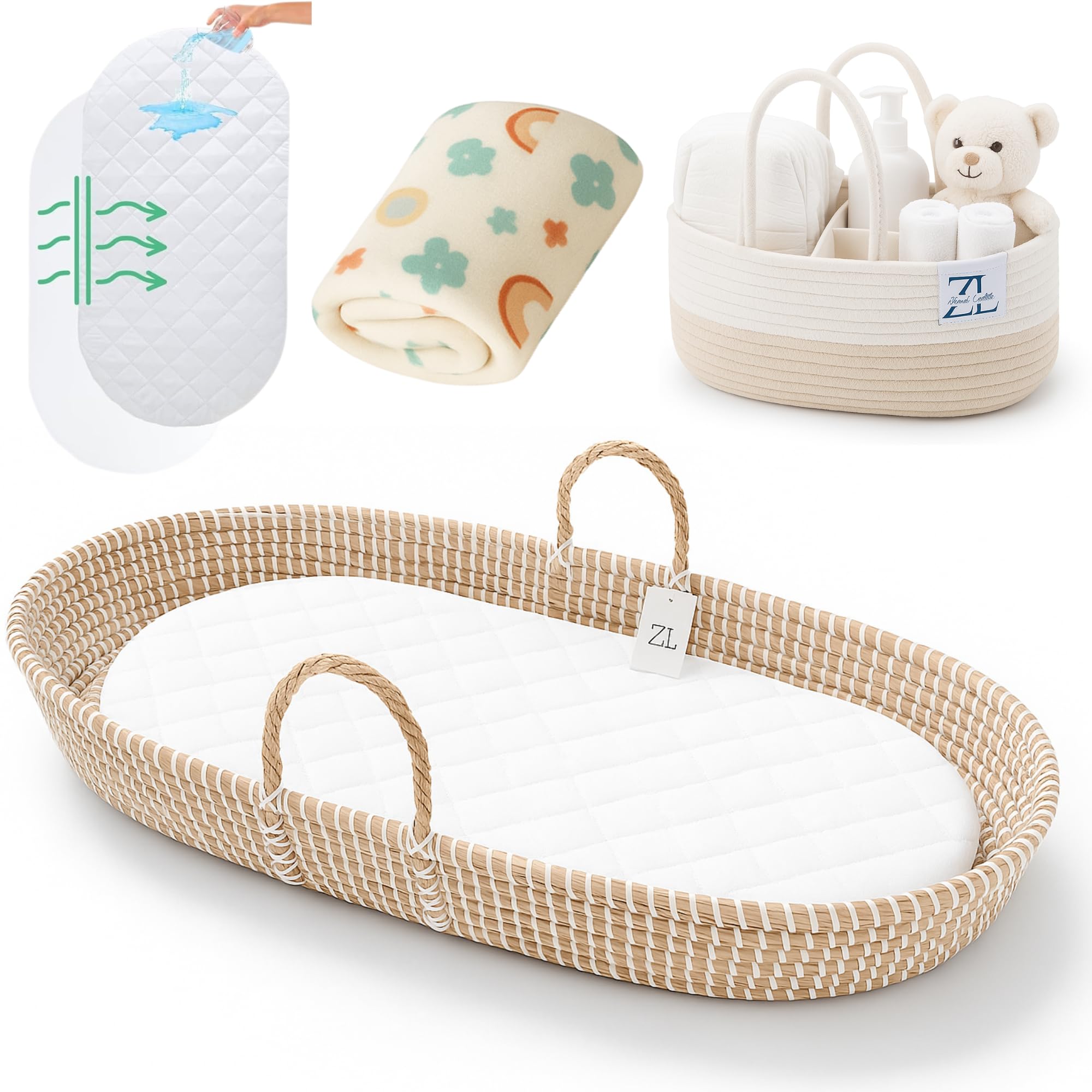 Photo 1 of ZEAL'N LIFE Seagrass Baby Changing Basket, Baby Towel, Diaper Caddy & Waterproof Changing Pad | Portable Diaper Changing Topper for Dresser or Table | A Nursery Essential (Seagrass)