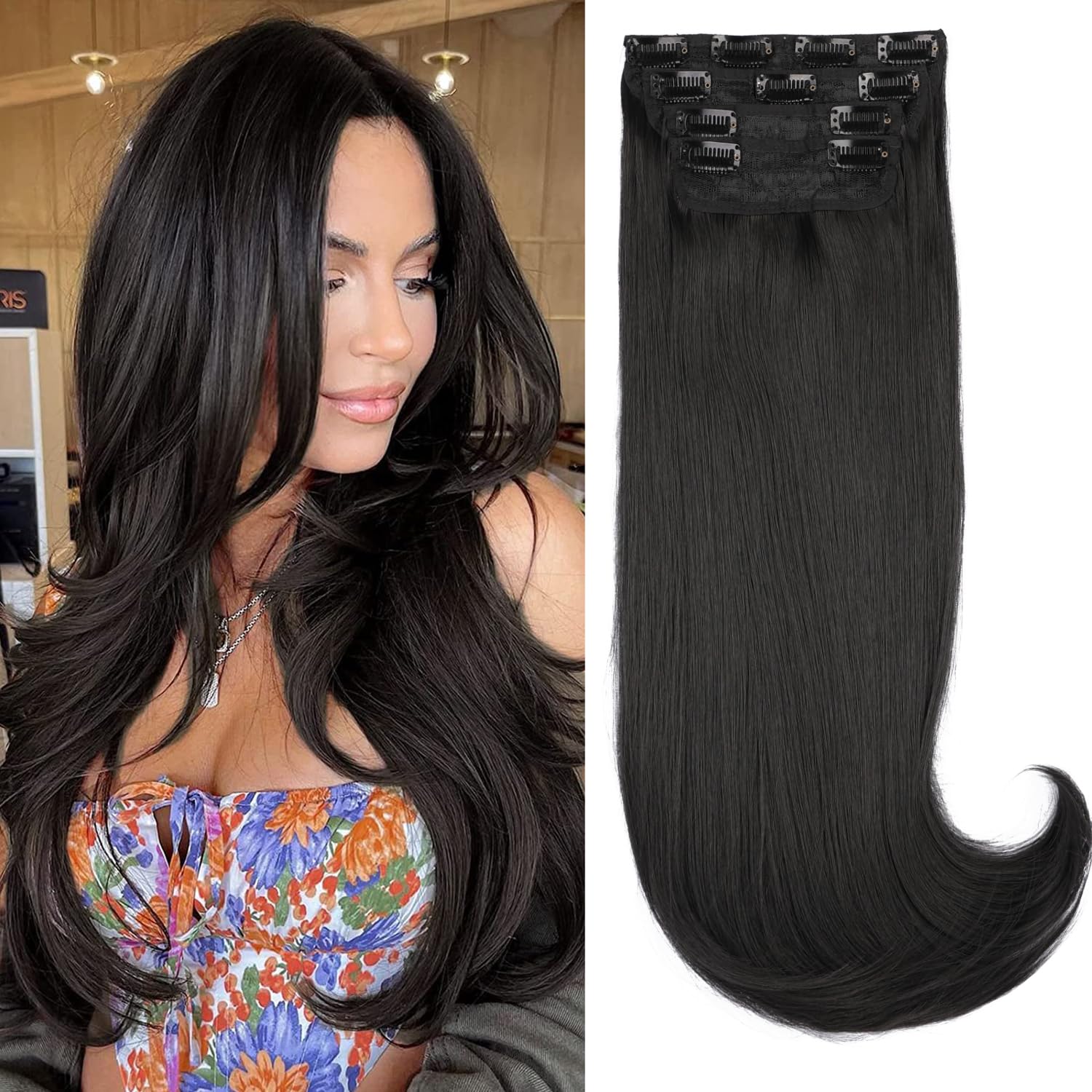 MSCAT Clip-in Hair Extensions - 20 Inch Thick, Long, Straight, Layered Invisible Lace Weft for Women (2#)