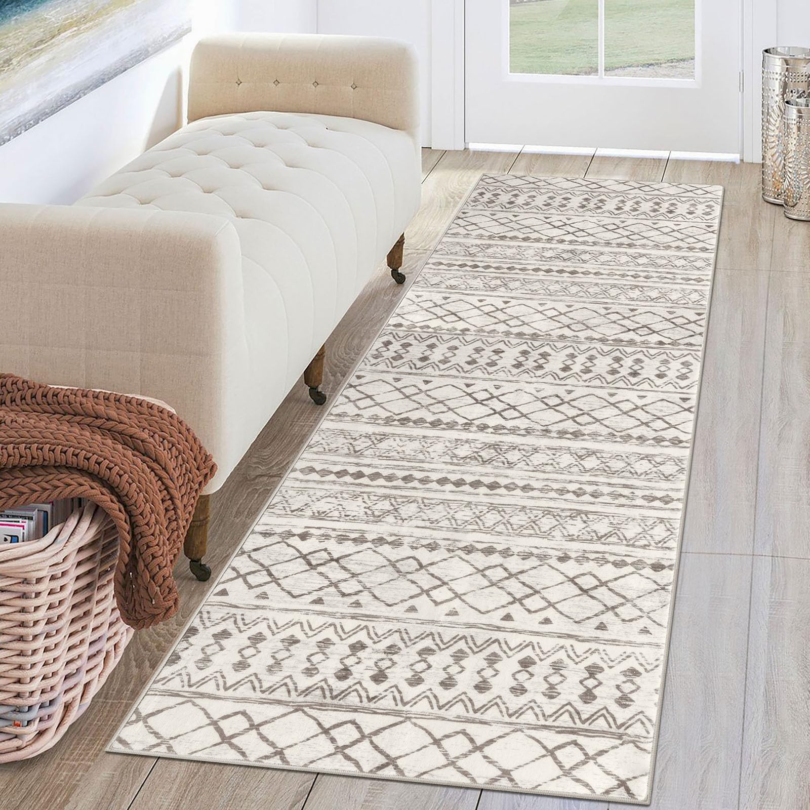 Photo 1 of KUTA Moroccan Runner Rug 2x6 Non-Slip Vintage Beige Boho Hallway Kitchen Rugs Ultra Soft Print Distressed Geometric Runners for Hallways, Entryway Bedroom Laundry
