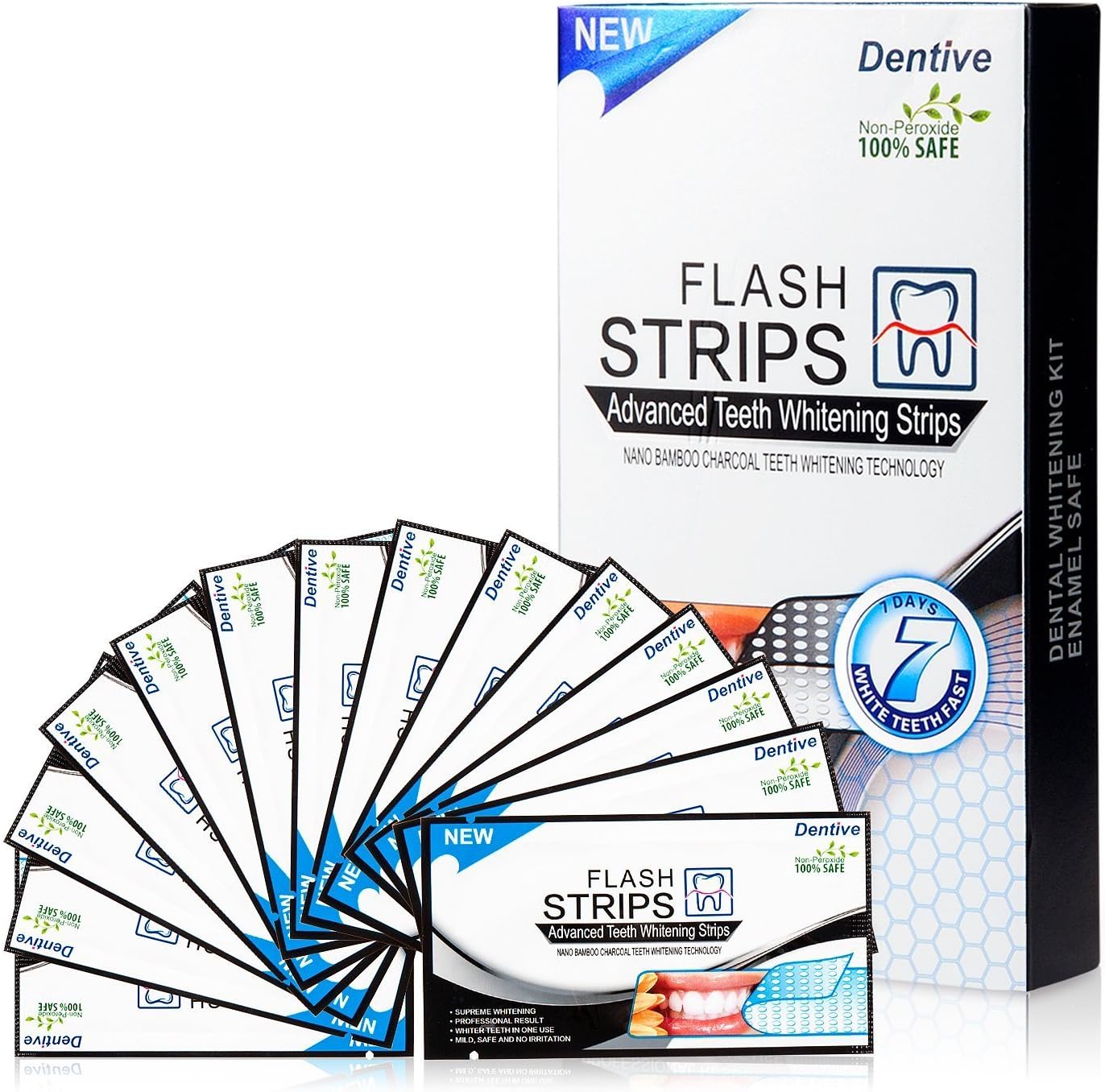 Dentive 3D Teeth Whitening Strips Nano Bamboo Charcoal Professional Effects 28 pcs White strips - 14 Treatments Teeth Whitening Kit Flash Strip