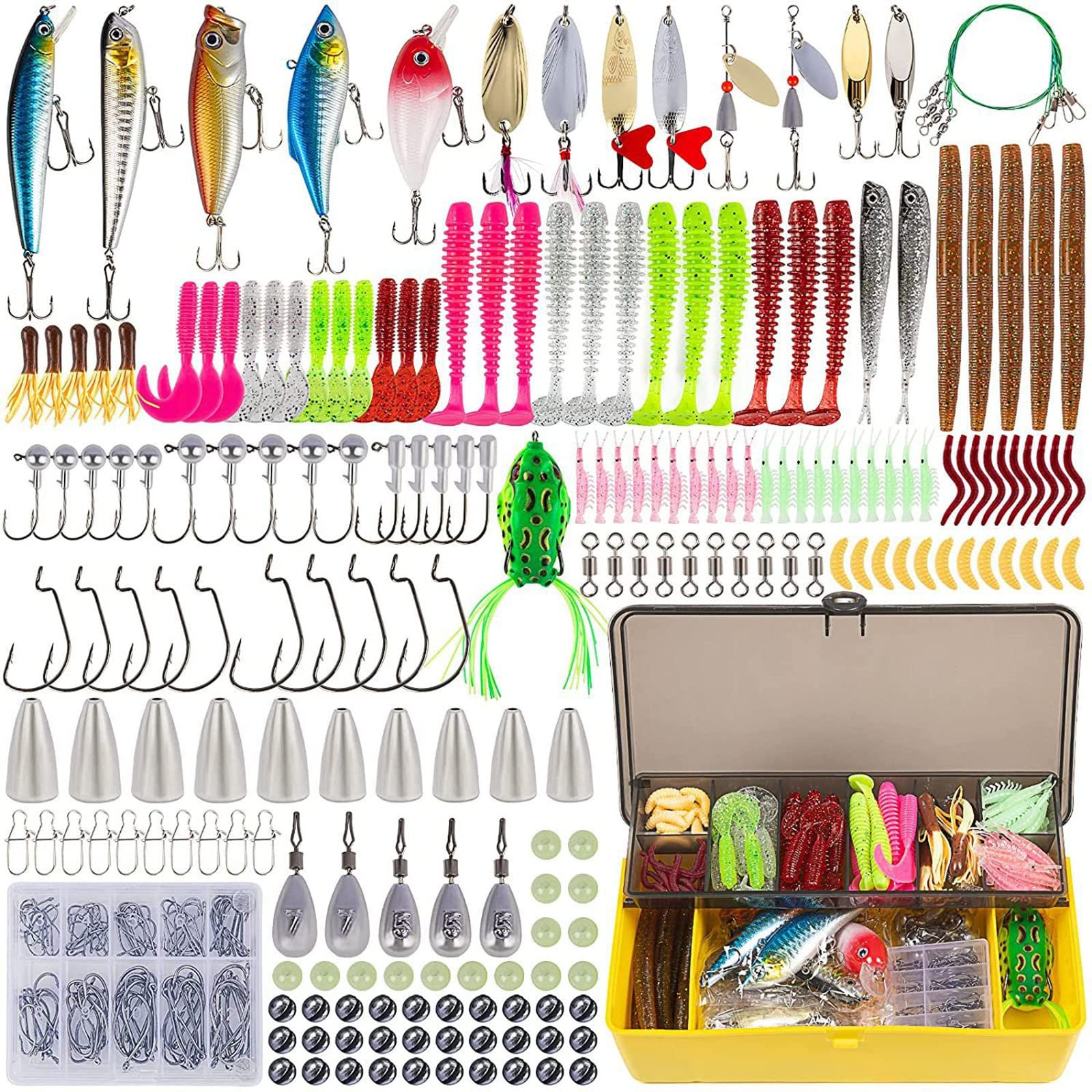 RoseFlower Mixed Artificial Topwater Fish Lure Set - Soft Baits Kit Including Spinning Lure, Plastic Worm, hooks, Swivels and Storage Box - Freshwater and Saltwater Fishing Equipment