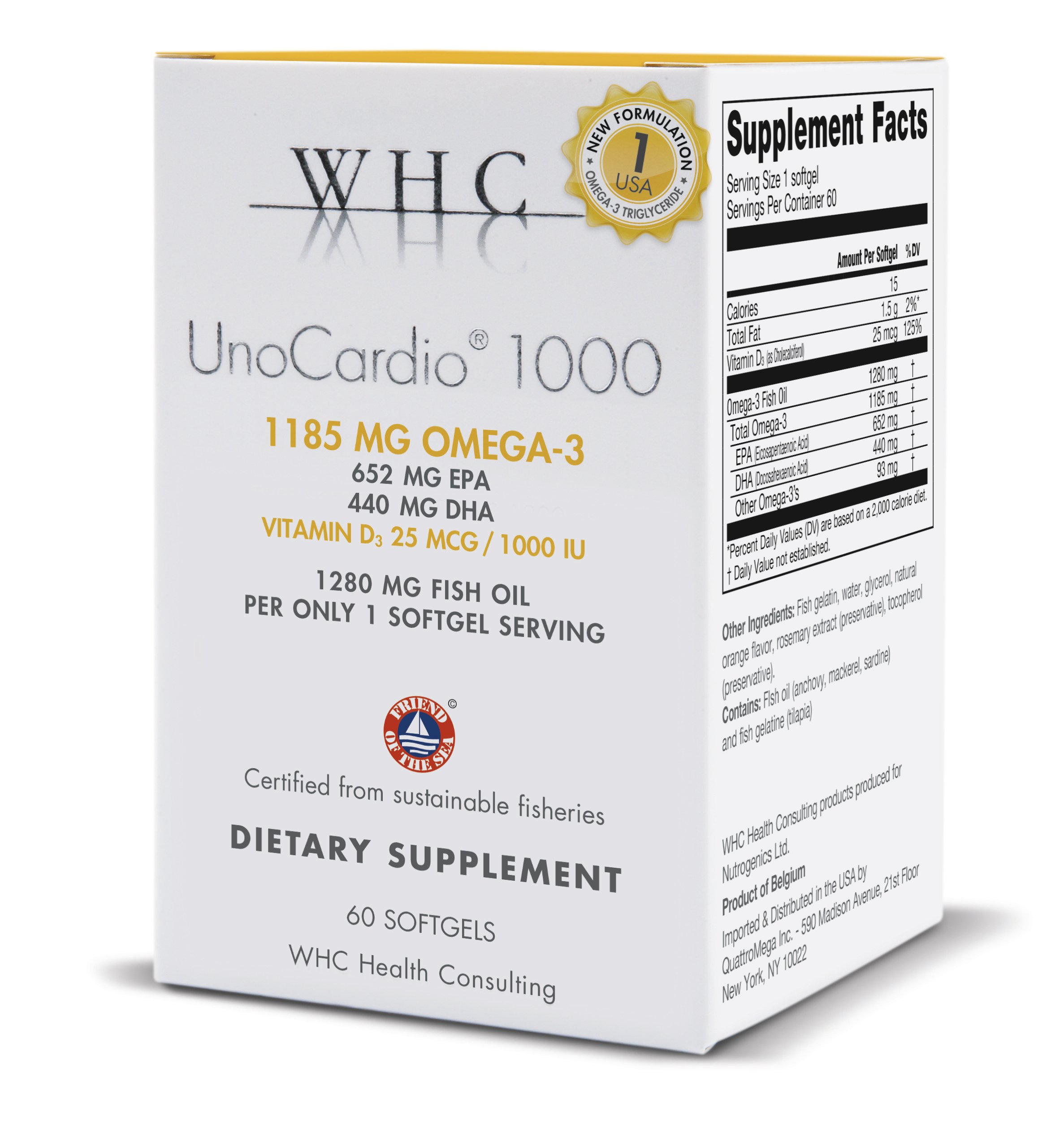 WHC - UnoCardio 1000 (60 Softgels) - 1280 mg of pure Triglyceride fish oil with high concentration omega-3 (1185 mg), 652 mg EPA and 440 mg DHA and 25 mcg (1000 IU) vitamin D3 per softgel