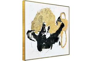 Ysjart - Hand Painted Black and Gold Canvas Wall Art Textured Black and White Abstract Wall Decor with Gold Foil Modern Oil Painting for Living Room Bedroom Bathroom - 24"x24" Gold Framed