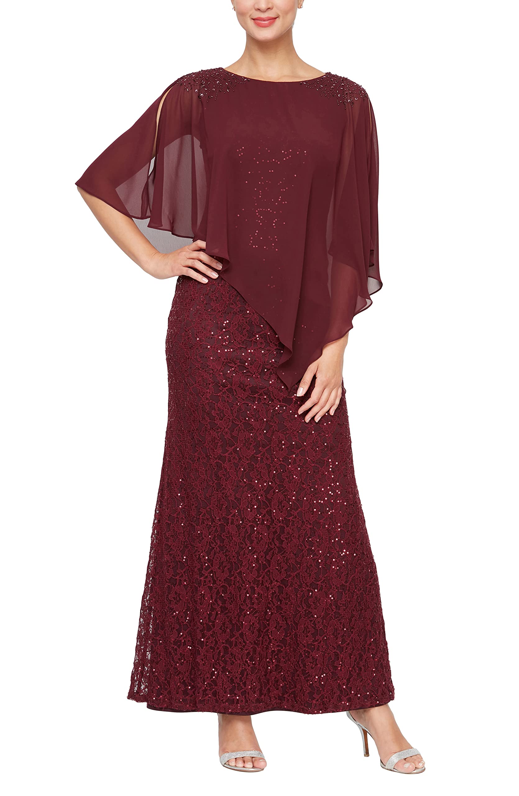S.L. Fashions Women’s Long Length Sequin Lace Beaded Capelet Dress, Formal Evening Gown, (Petite and Regular Sizes), Fig – No Beading,6