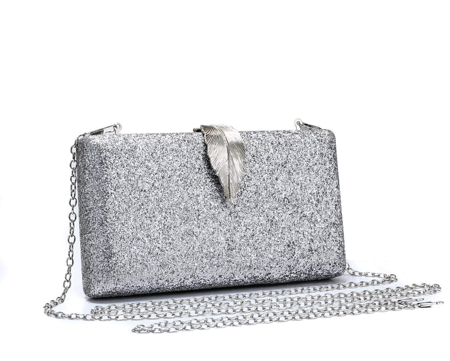 Foxlady Bags Elegant Shiny Glitter Wedding Party Bridal Evening Clutch Bag For Women with a Unique Metal Leaf Design Clasp (Silver)
