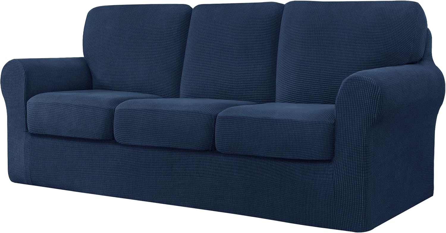 Slipcovers - CHUN YI 7 Piece Stretch Sofa Covers for 3 Cushion Couch Covers, 3 Seater Couch Slipcover with 3 Separate Backrests and Cushions with Elastic Band, Checks Spandex Jacquard Fabric(Large, Dark Blue)