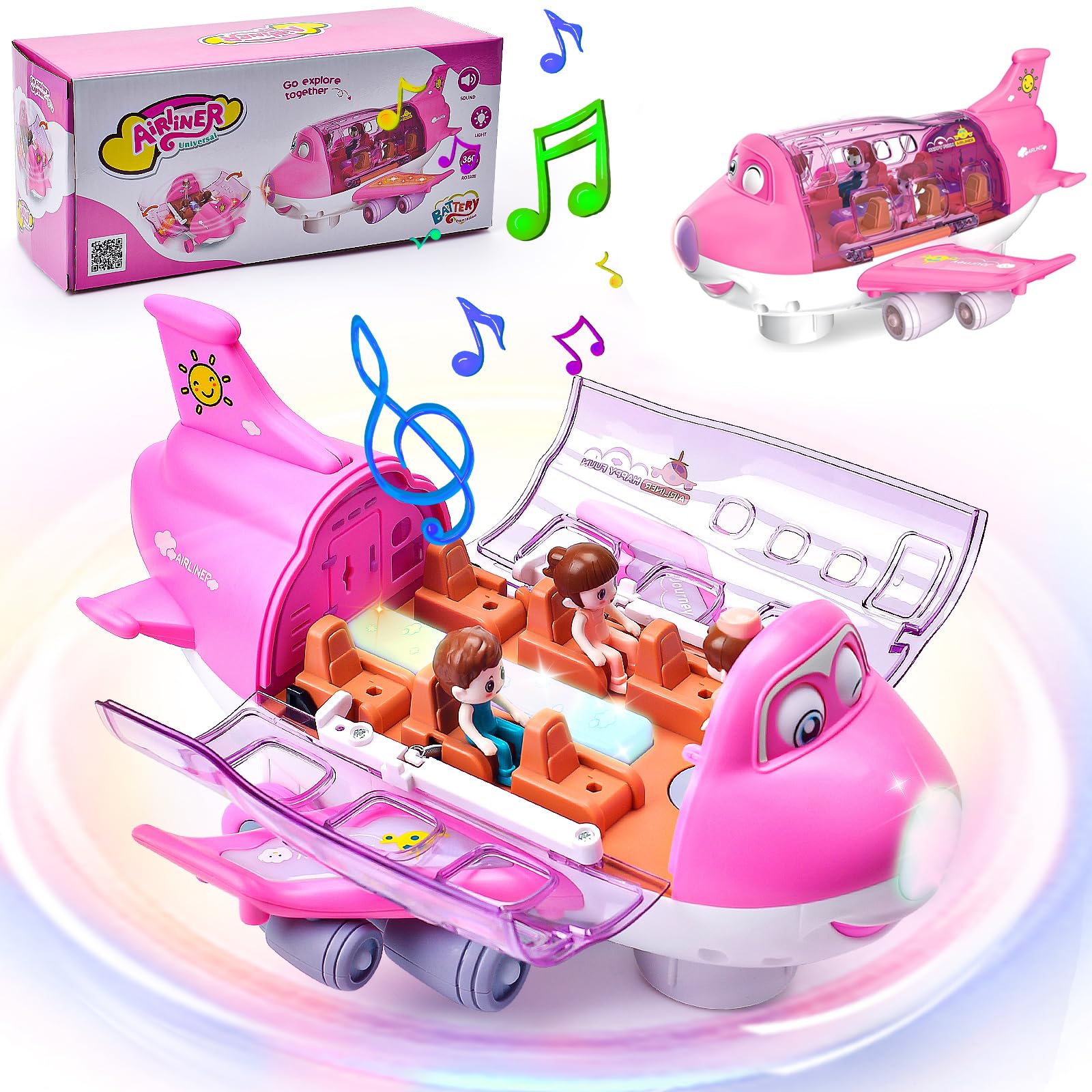 LEEWENYAN Electric Airplane Toy for Toddlers, 360° Rotating Aeroplane Toys with LED Light & Music, Aeroplane Gifts for Boys Girls Children, Stunt Aircraft Toy Airliner Plane Passenger Model (Pink)