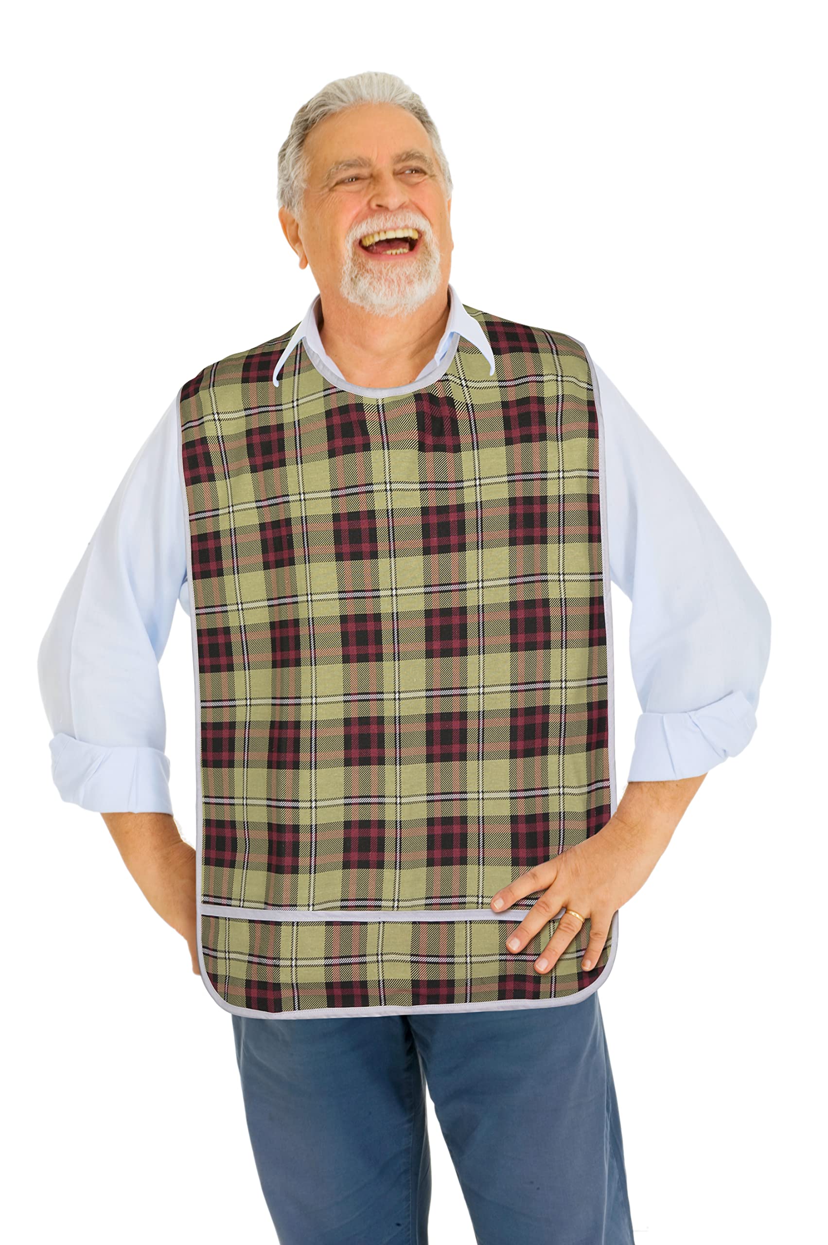 Modaliv Adult Bib for Eating – Reusable Clothes Protector with Crumb Catcher – Waterproof Bib for Elderly – Machine Washable Clothing Protector for Disabled Adults (XL Beige)