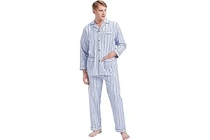 Amaxer Men’s 100% Cotton Pajamas Set Flannel Long Sleeves Pijamas For Men Pockets Button Pjs Elastic High Waist
