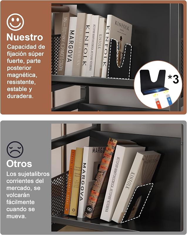 Librería con Ruedas 3 Niveles, Estantería Metálica Móvil, Negro