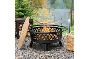 Panovue 38 Inch Wood Burning Fire Pit for Outside, Round Firepit with Grill & Metal Lid, Metal Outdoor Fire Pit Table for Patio Backyard Garden Bonfire Party