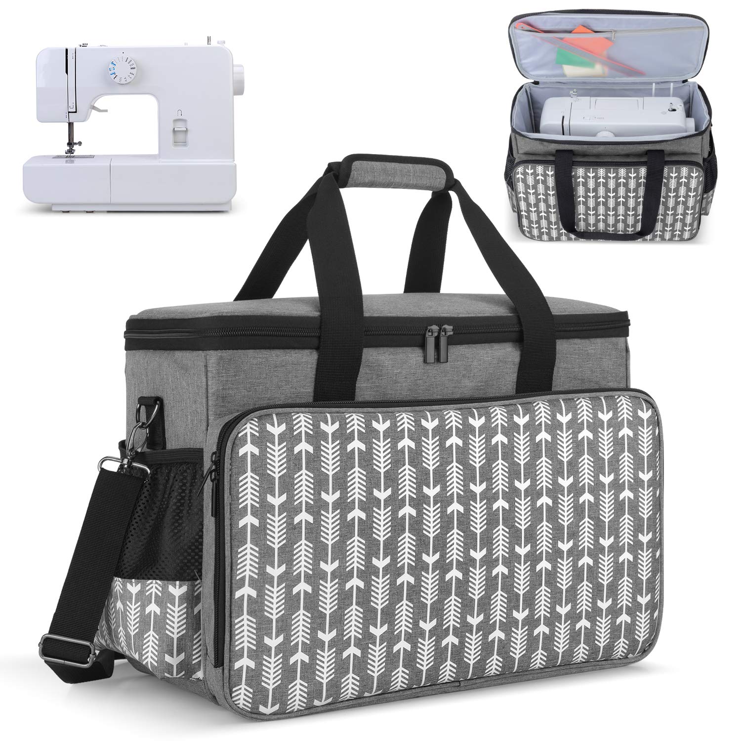 Yarwo Sewing Machine Carrying Case with Bottom Wooden Board, Universal Sewing Machine Bag Compatible with Most Major Sewing Machine and Accessories, Grey with Arrow Pattern