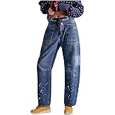 LifeShe Women's Wide Leg Barrel Jeans Drawstring Elastic Waist Denim Pants Loose Baggy Boyfriend Trouser