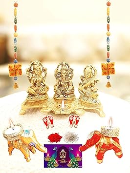 Shilcra Rajasthani Handicrafts Golden Metal Diwali Decorative Laxmi Ganesha Saraswati Idol with Diya Gift Combo|Elephant T- Light | Satia Hanging Line (Pair)|Puja Diya|Showpiece| Oil Lamp | Festive