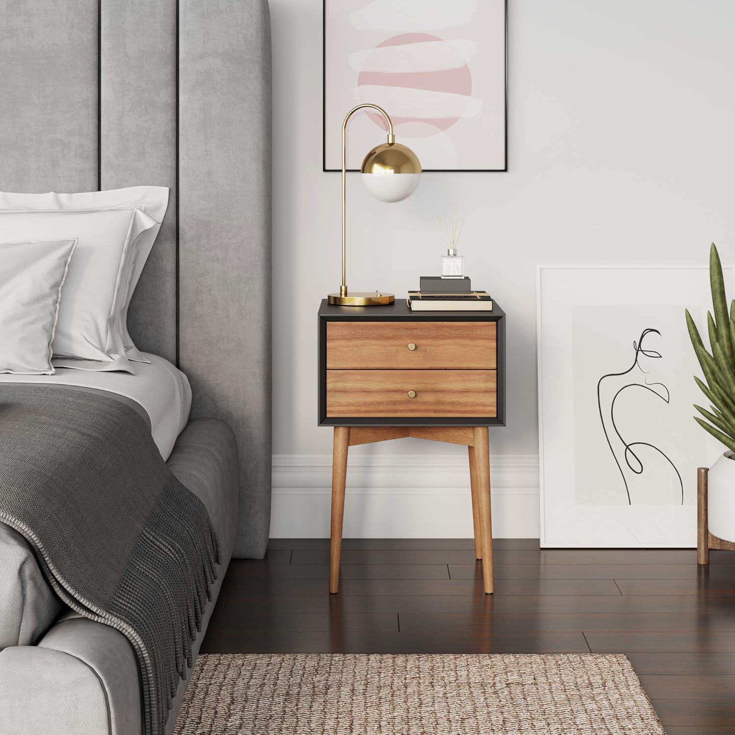 Nathan James Harper Mid-Century Side Table, 2-Drawer Wood Nightstand, Black/Brown: Furniture & Decor