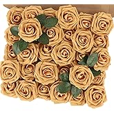 MACTING 30PCS Artificial Flower Roses Real Touch Fake Rose Flowers with Stem Foam Roses for DIY Wedding Bouquet Table Centerpieces Party Baby Shower Spring Home Valentines Day Decorations,Gold Yellow