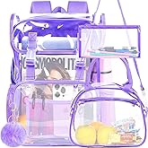 ZLYERT 17" Flip Top Clear Backpack for Girls, 3Pcs Stadium Approved Set, Heavy Duty Transparent Bookbag for Gym/School (Purple)