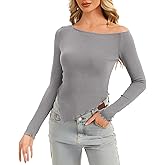 Simlakey Women's Off Shoulder Long Sleeve Shirts Knit Tee Shirts Slim Fit Going Out Tops Y2K Fall Trendy Fashion