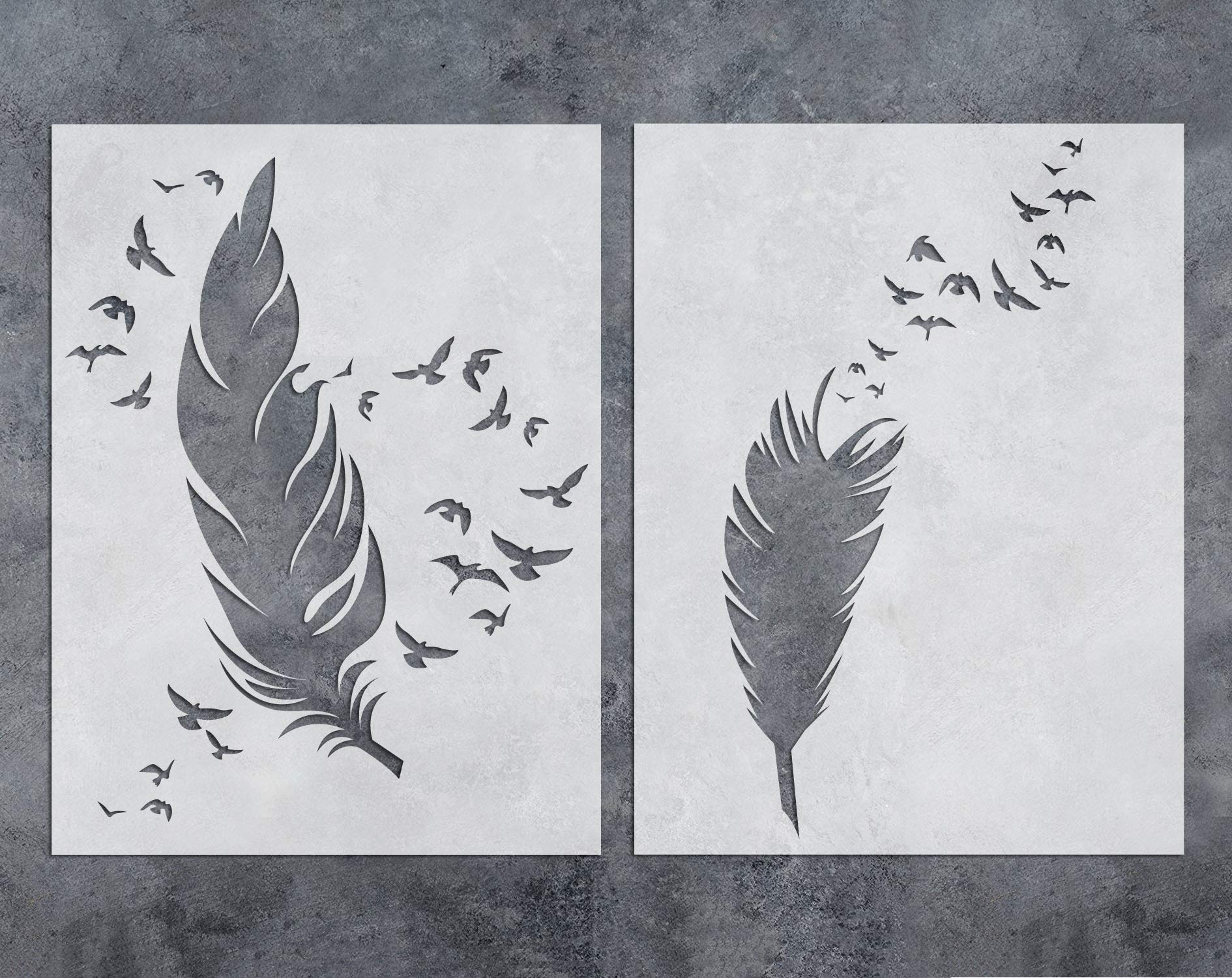 GSS Designs Feathers Wall Art Stencil Pack of 2 - Reusable Stencils(12x16inch) - Feather Birds Painting Template for Floor, Wall, Tile, Fabric, Wood(SL-068)