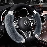 Achiou Rhinestone Fluffy Steering Wheel Cover - Comfortable Non-Slip Luxury Faux Wool, Universal Fit for 14.5" to 15" Steering Wheels