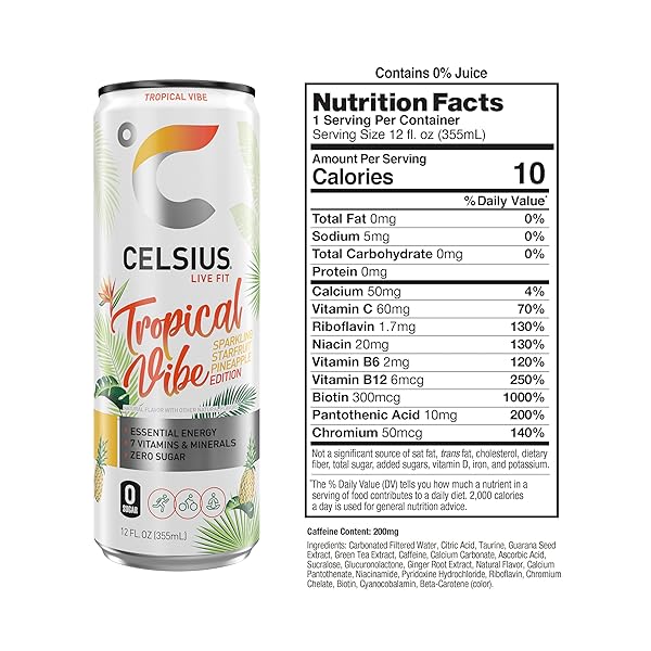CELSIUS SPARKLING TROPICAL VIBE, FUNCTIONAL ESSENTIAL ENERGY DRINK 12 FL OZ (PACK OF 12)