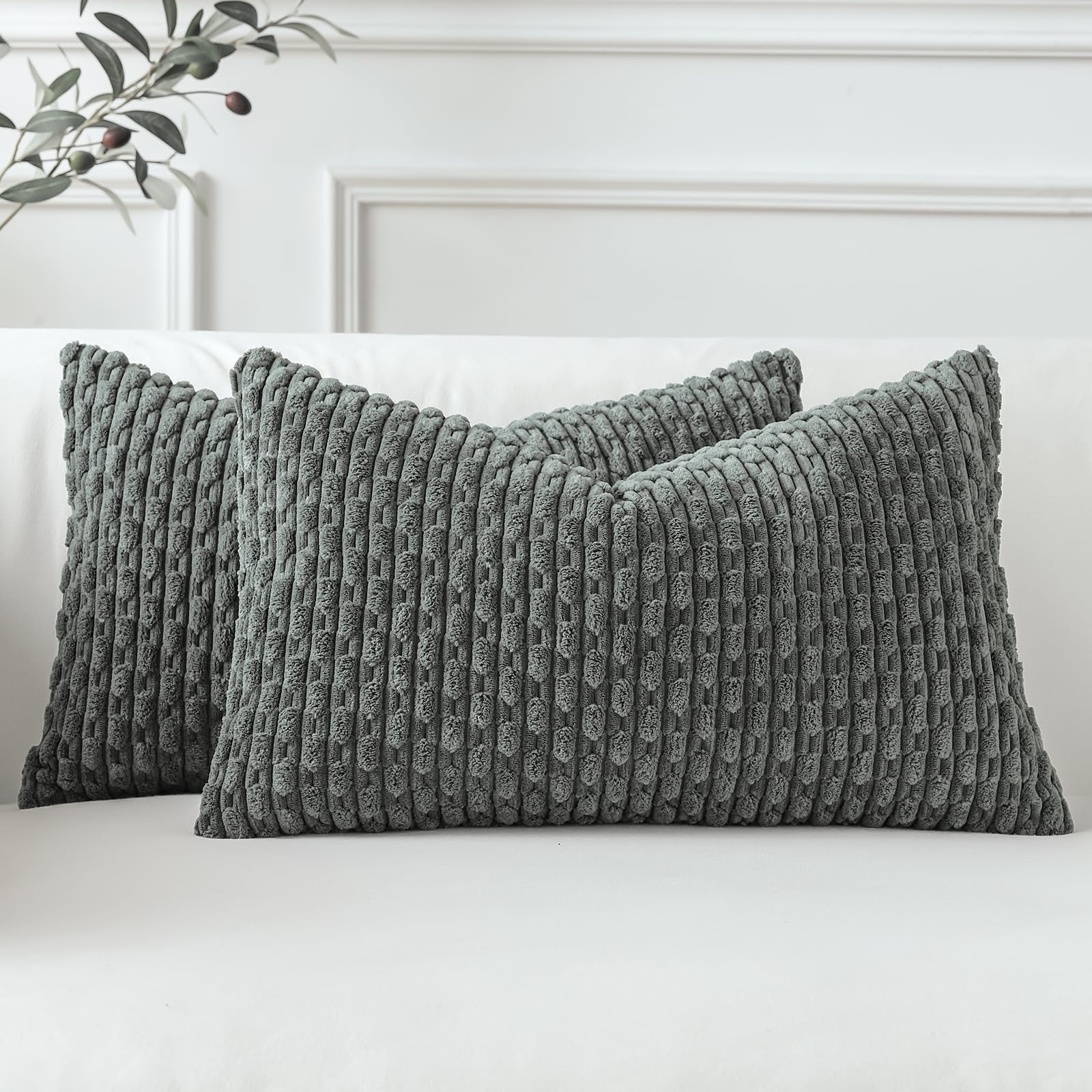 Sungeek Set of 2 Dark Grey Soft Corduroy Decorative Cushion Covers Boho Striped Throw Pillow Covers for Sofa Couch Living Room Patio Farmhouse Home Decor Pillowcases 40x60cm