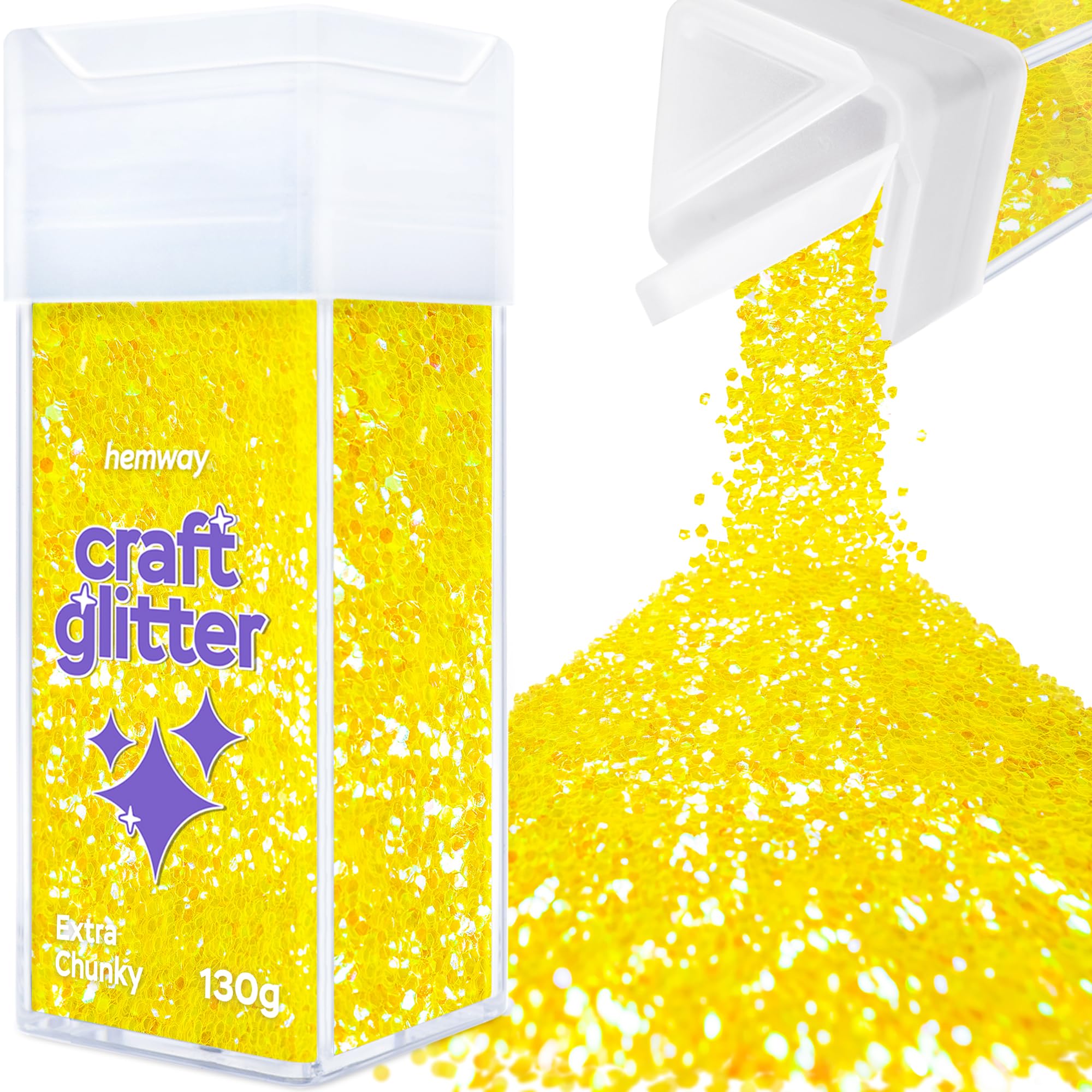 Hemway Glitter Shaker Fluorescent Yellow 110g Extra Chunky, Craft Glitter Shaker for Resin & Epoxy Crafts, Christmas Art Supplies, Nail, Body, Face, Eye, Festival, Crafting, Slime, Sparkle โ image 1