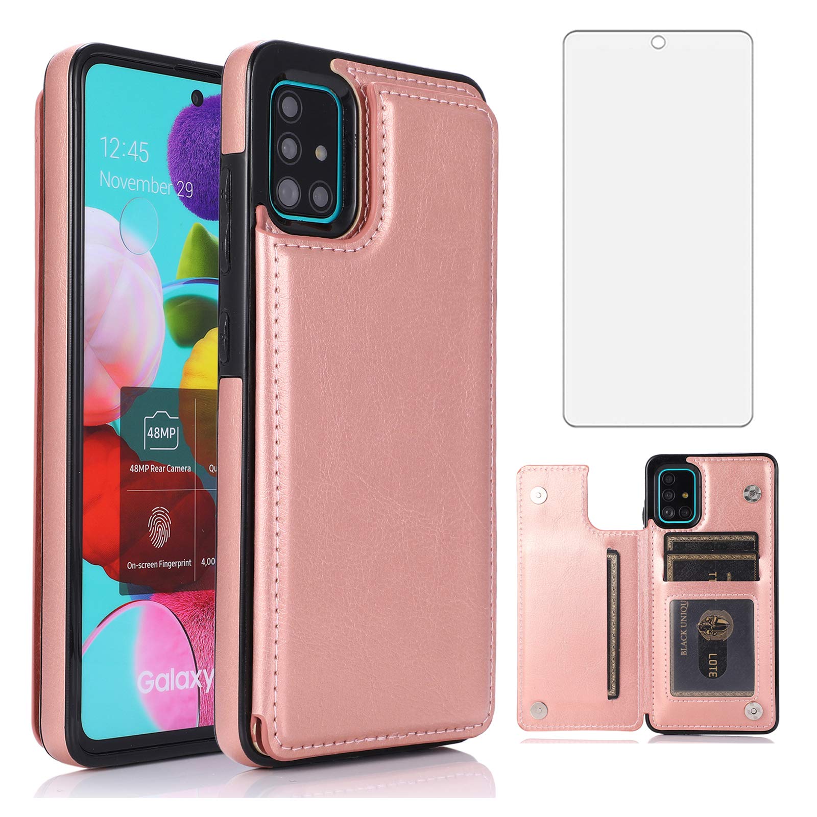 Asuwish Compatible with Samsung Galaxy A51 4G Wallet Case Tempered Glass Screen Protector Card Holder Cover Stand Flip Cell Phone Cases for Glaxay A 51 Gaxaly M40S 51A A515F S51 Women Men Rose Gold