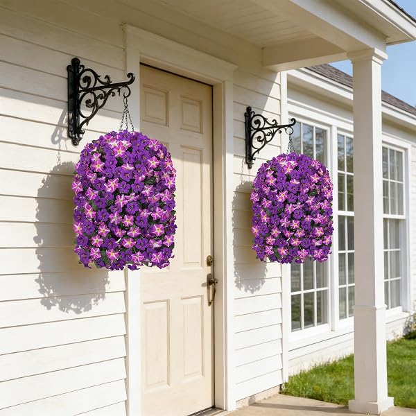 HYEFLORA ARTIFICIAL FLOWERS WITH BASKET FOR OUTDOORS, 3PCS FAUX HANGING MORNING GLORY SILK FAKE FLOWERS LIFELIKE PLANTS UV RESISTANT FLOWERS FOR OUTSIDE PLANTER PATIO GARDEN PORCH DECOR (PURPLE RED)