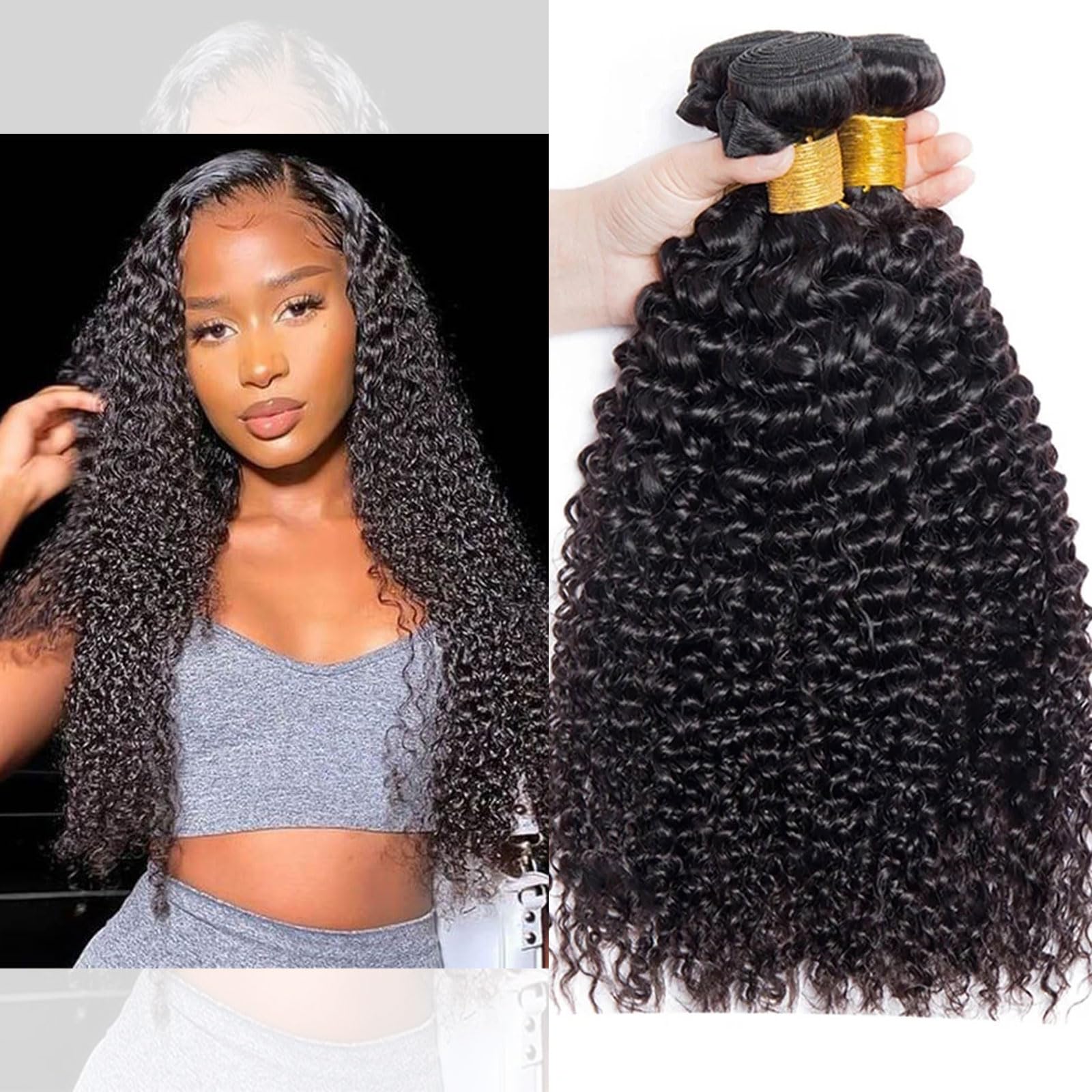 Huarisi 10A Curly Bundles Human Hair 10 12 14 Inch Unprocessed Brazilian Kinky Curly 3 Bundles Virgin Hair Weaves Extensions 300g Natural Color Sew in Weaving