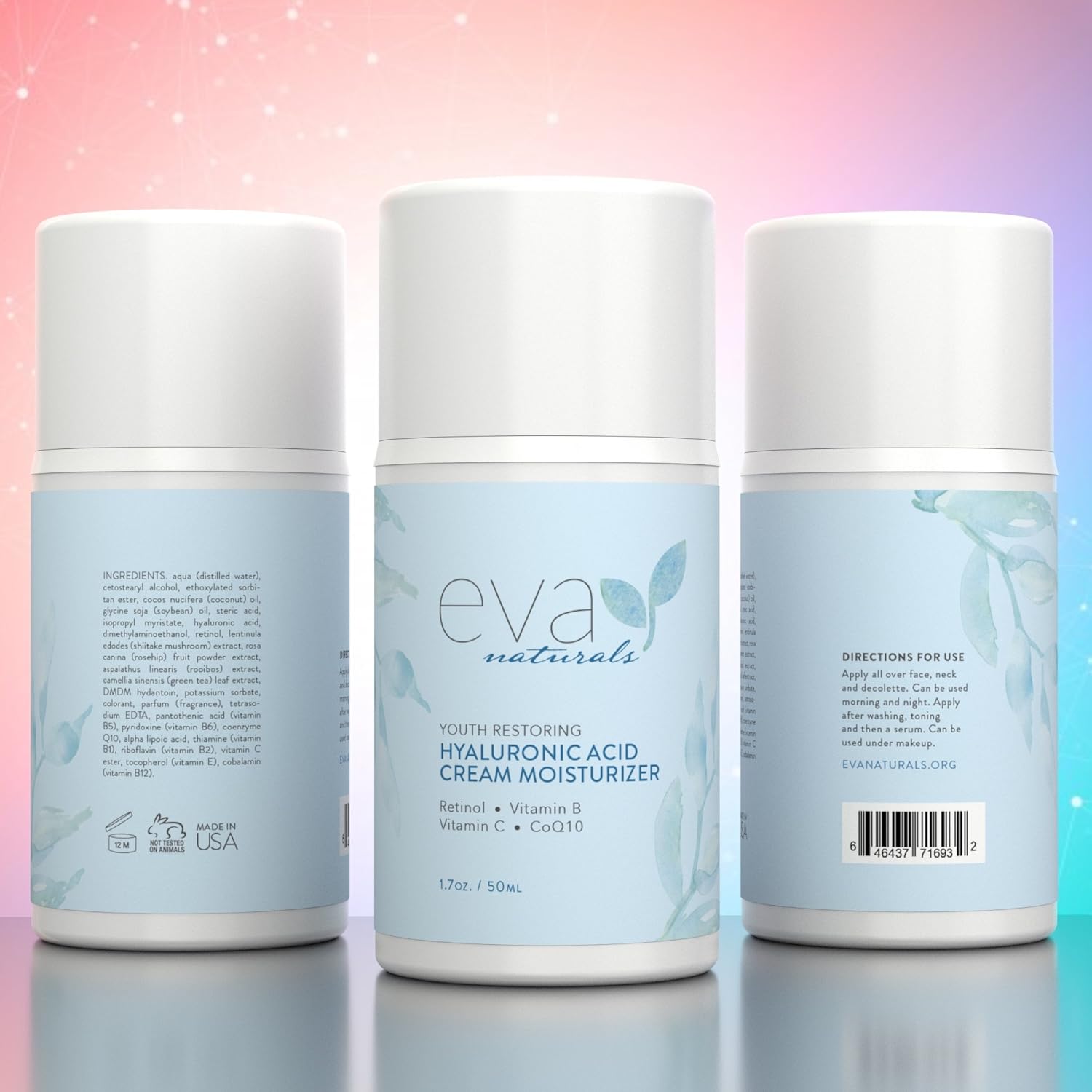 Hyaluronic Acid Moisturizing Cream by Eva Naturals - Best Wrinkle Cream - Facial Moisturizer, Dry Skin Cream, Retinol, Vitamin B, C & E, CoQ10 - Anti-Aging: Reduces Dry Skin, Fine Lines & Wrinkles: Beauty