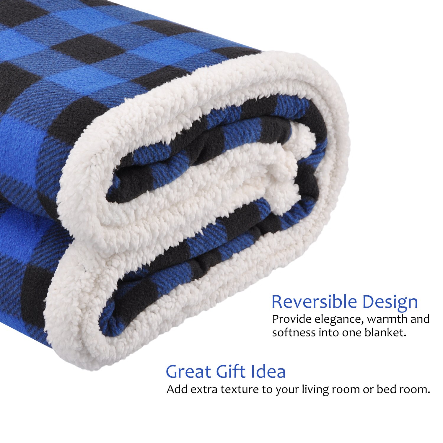 Blue Buffalo Plaid Sherpa Throw TV Blanket 50" x 60", Super Soft Warm