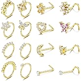 ORAZIO Nose Rings for Women - 14K Gold Filled Hypoallergenic Surgical Steel Nose Ring Hoops 20G Small Cute CZ L Shaped Nose Studs Nostril Piercing Jewelry for Women Men 16Pcs