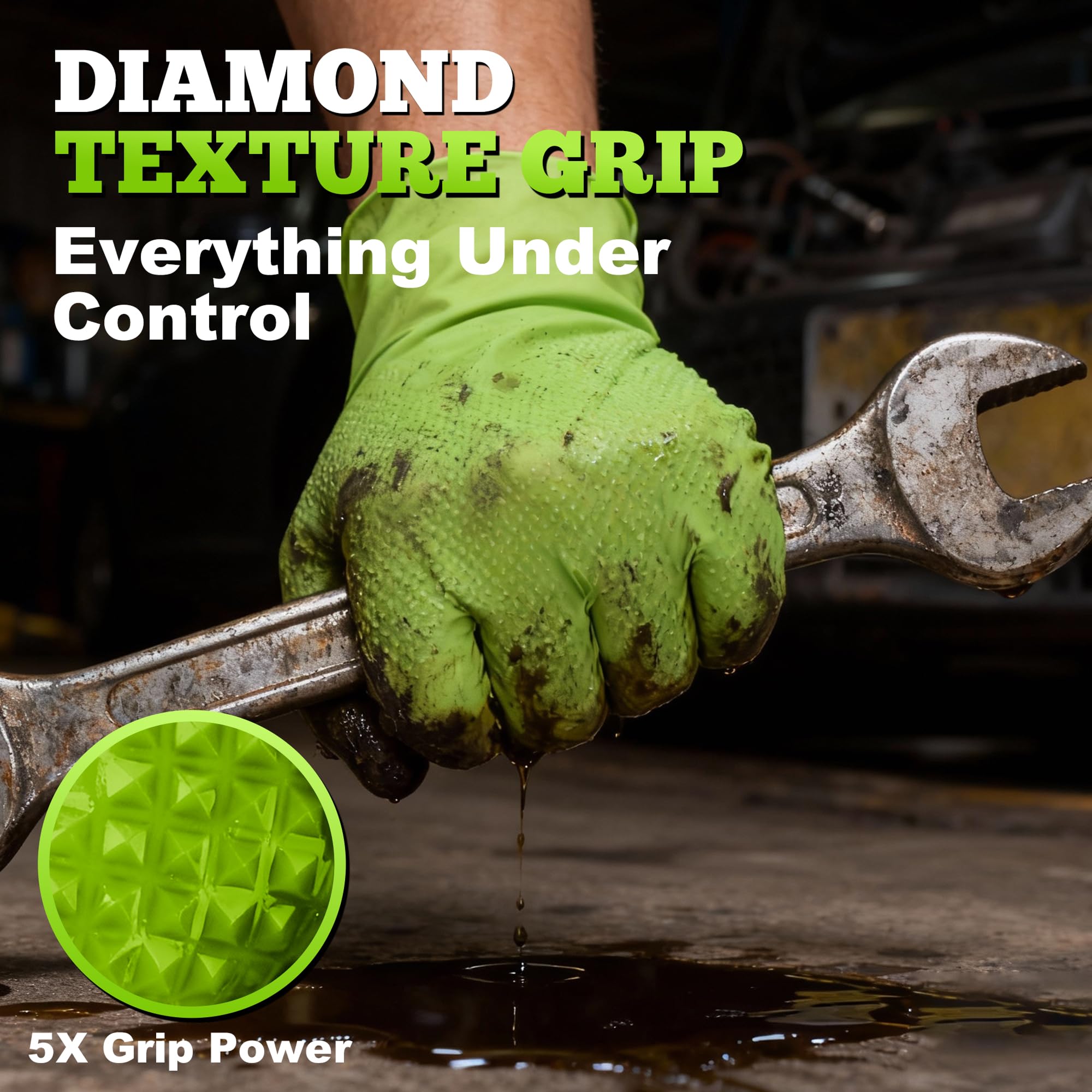 TitanFlex Heavy Duty Green Industrial Nitrile Gloves with Raised Diamond Texture, 8-mil, Latex Free, Powder Free