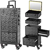 GALHUBIS Rolling Makeup Case with Lighted Mirror, Makeup Train Case with Large Drawer, Cosmetology Case, Travel Makeup Organizers, Professional for Salon Barber, Nail, Tattoo, Black