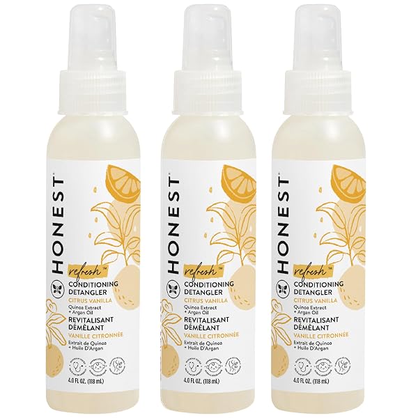 THE HONEST COMPANY CONDITIONING HAIR DETANGLER 3-PACK LEAVE-IN CONDITIONER AND FORTIFYING SPRAY, TEAR FREE CRUELTY-FREE, HYPOALLERGENIC, CITRUS VANILLA REFRESH, 4 FL OZ, PACK OF 3